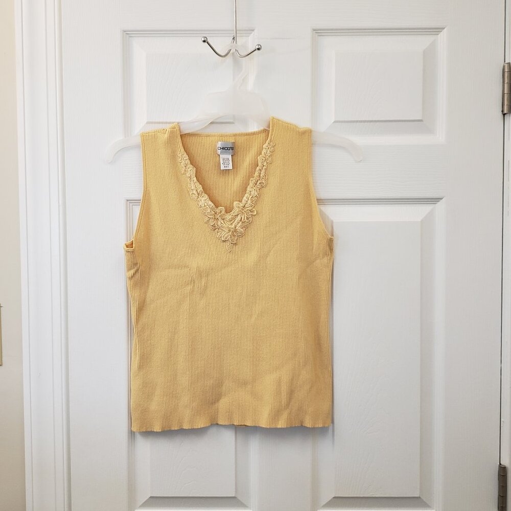 Chico's, SZ3, yellow ribbed, sleeveless V neck flower embroidered top, LG, SZ3